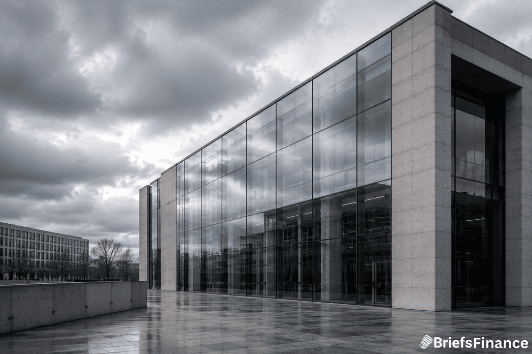 Minimalist European bank building exterior under overcast daylight