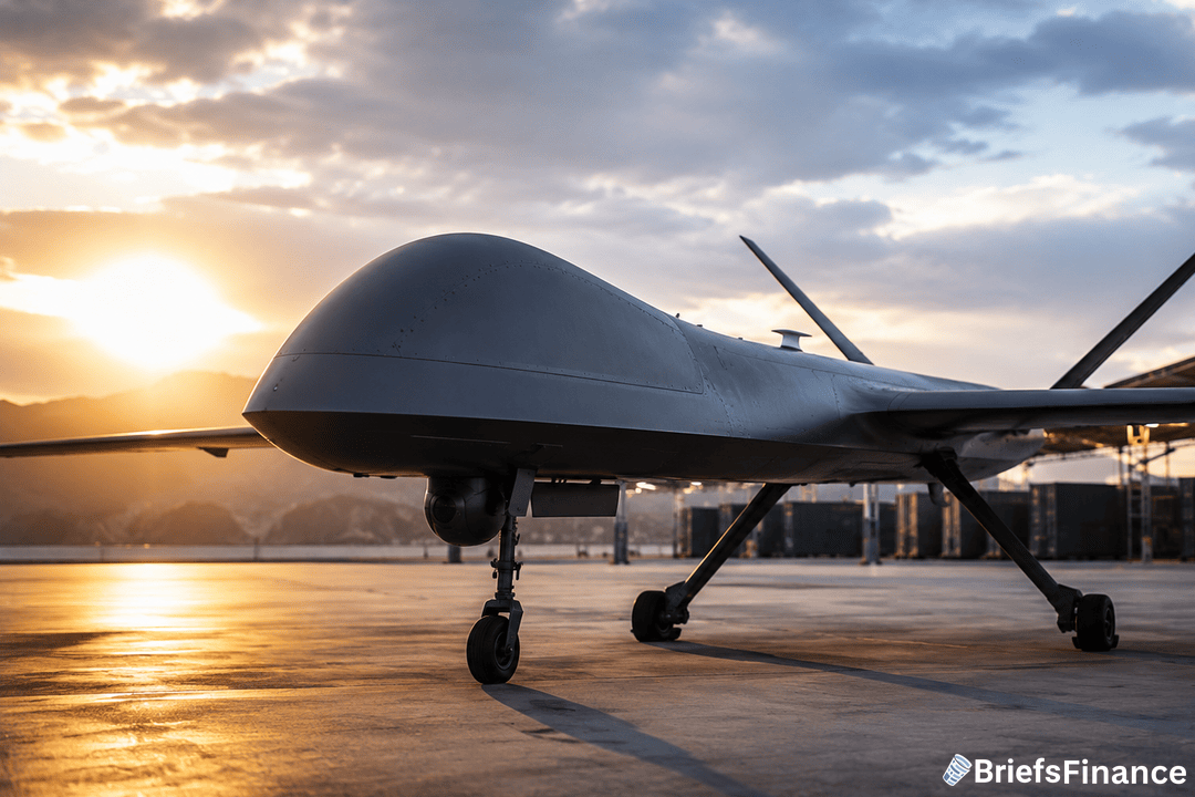 Military drone on airstrip at dawn