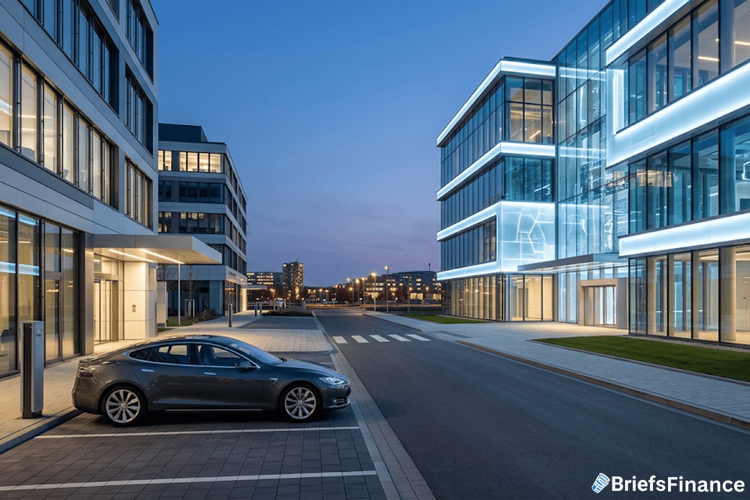 Sedan by glass tech office, twilight
