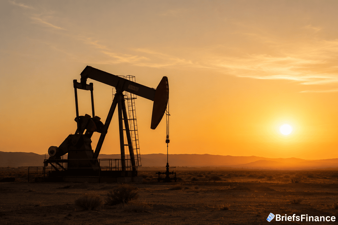 Oil pumpjack at golden sunset