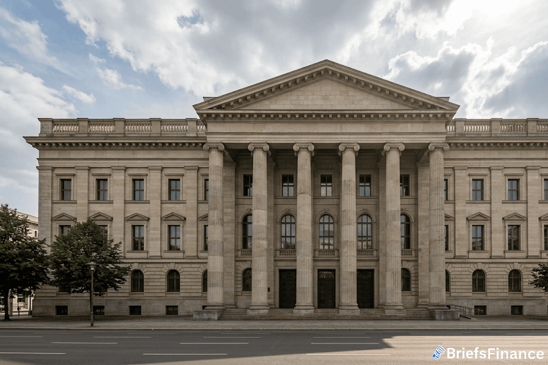 Grand German neoclassical bank building with stone columns