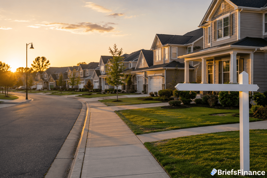 Suburban American street at golden hour with a blank yard sign post