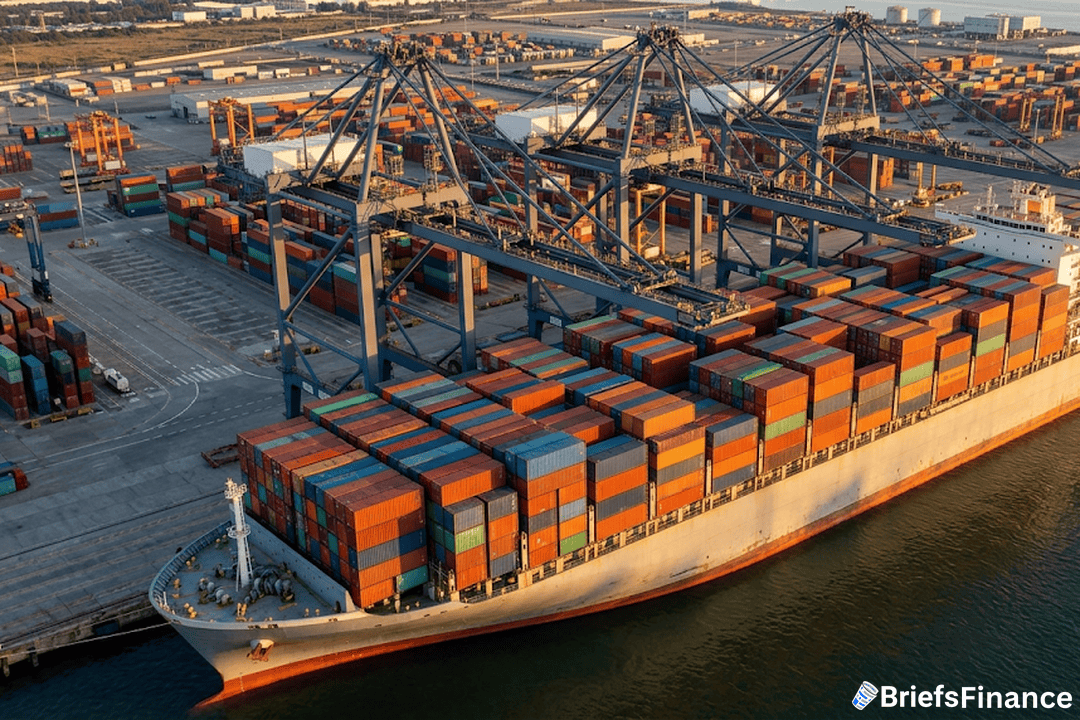 Container ship loaded with colorful containers at a busy port with cranes