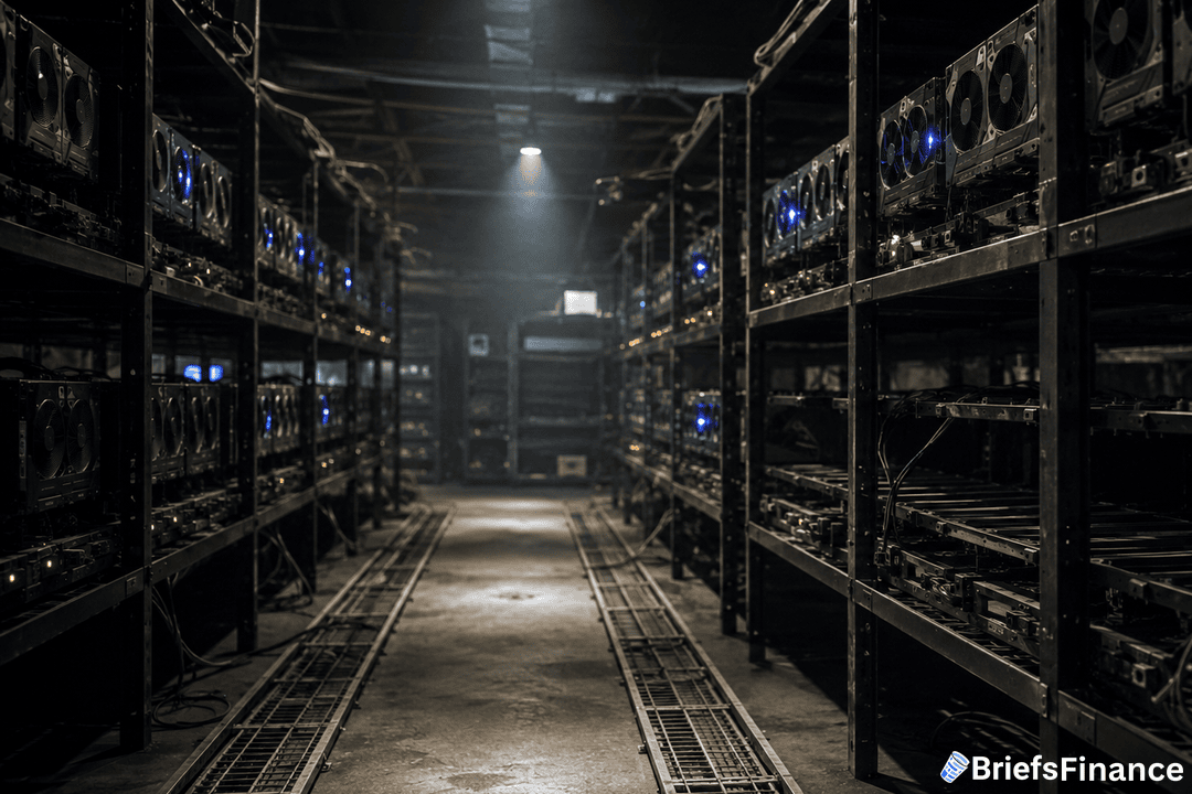 Dimly lit server aisle inside a converted crypto mining facility with empty GPU racks