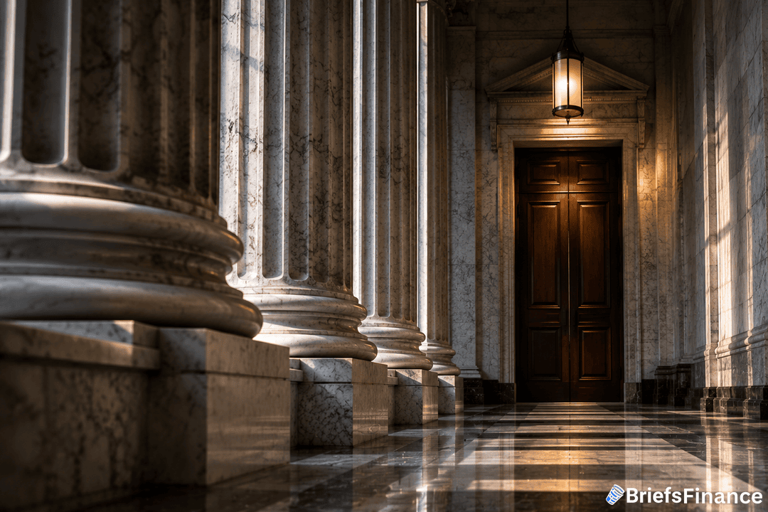 Marble courthouse corridor with tall columns and a closed wooden door