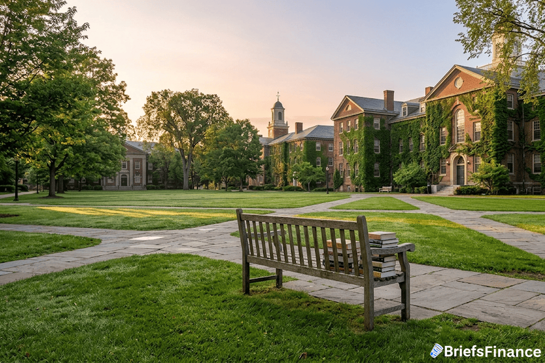 Campus quad, textbooks on bench