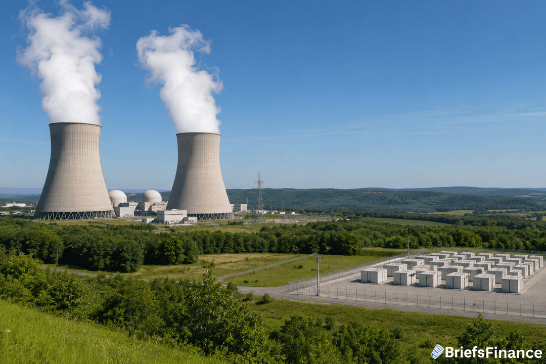 Nuclear plant cooling towers venting steam beside a fenced dry cask storage pad