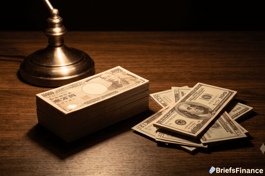 Japanese yen and US dollar banknotes on a dark table