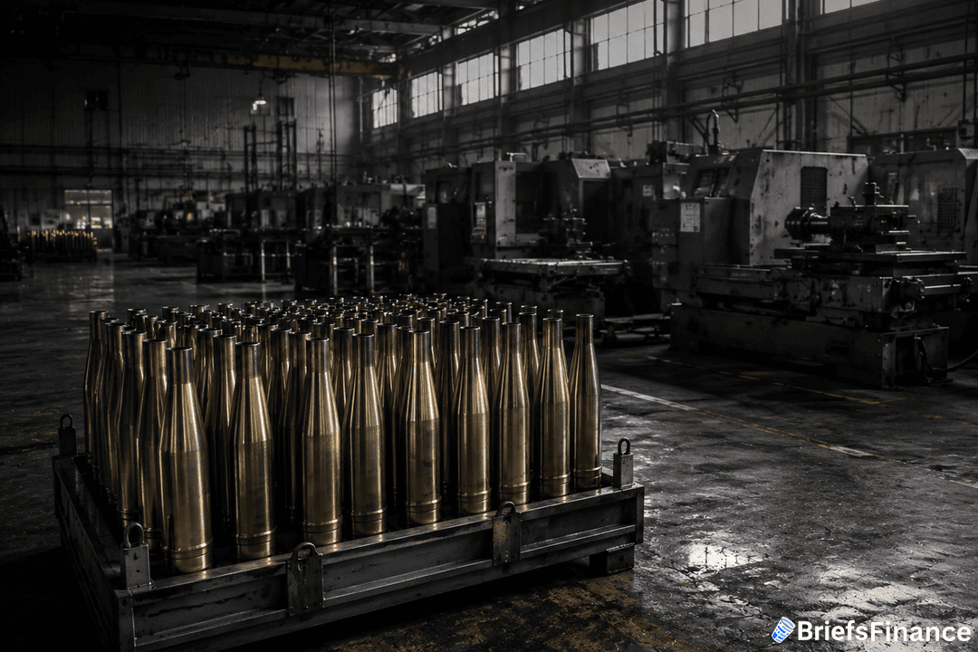 European defense manufacturing hall with brass artillery shell casings and idle machinery