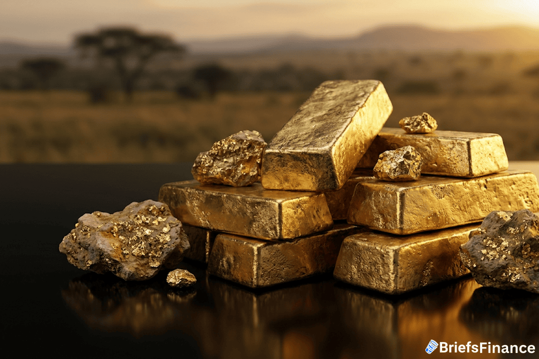 Stack of gold bars and gold ore on a dark reflective surface