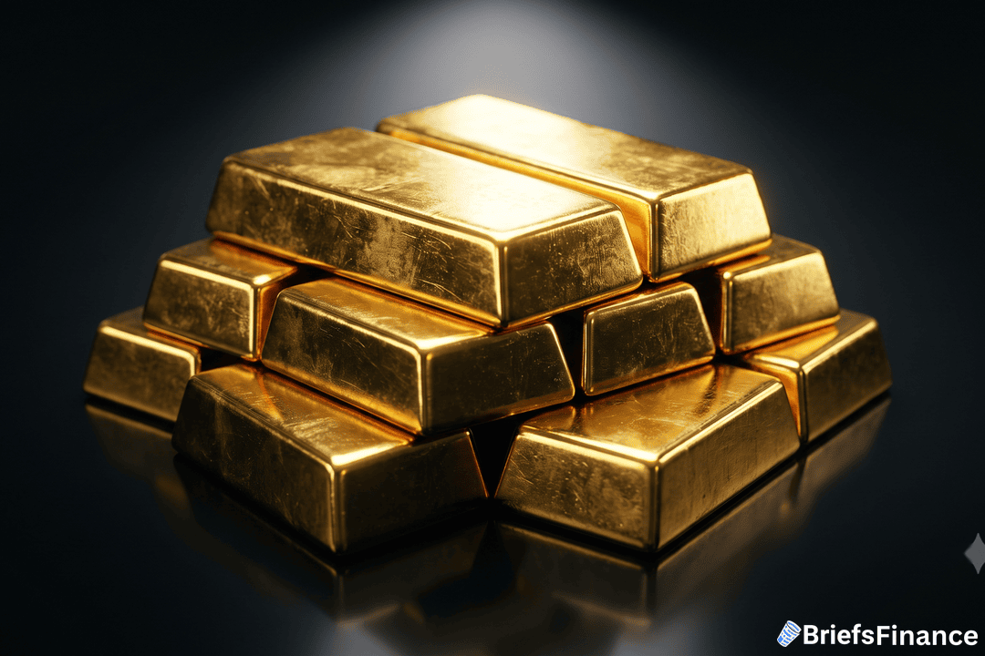 Stacked gold bars on a dark reflective surface