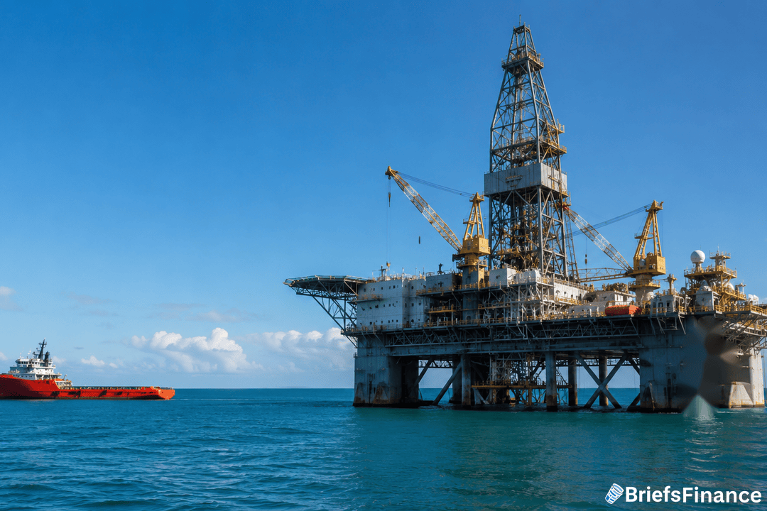 Offshore oil drilling platform in calm blue water