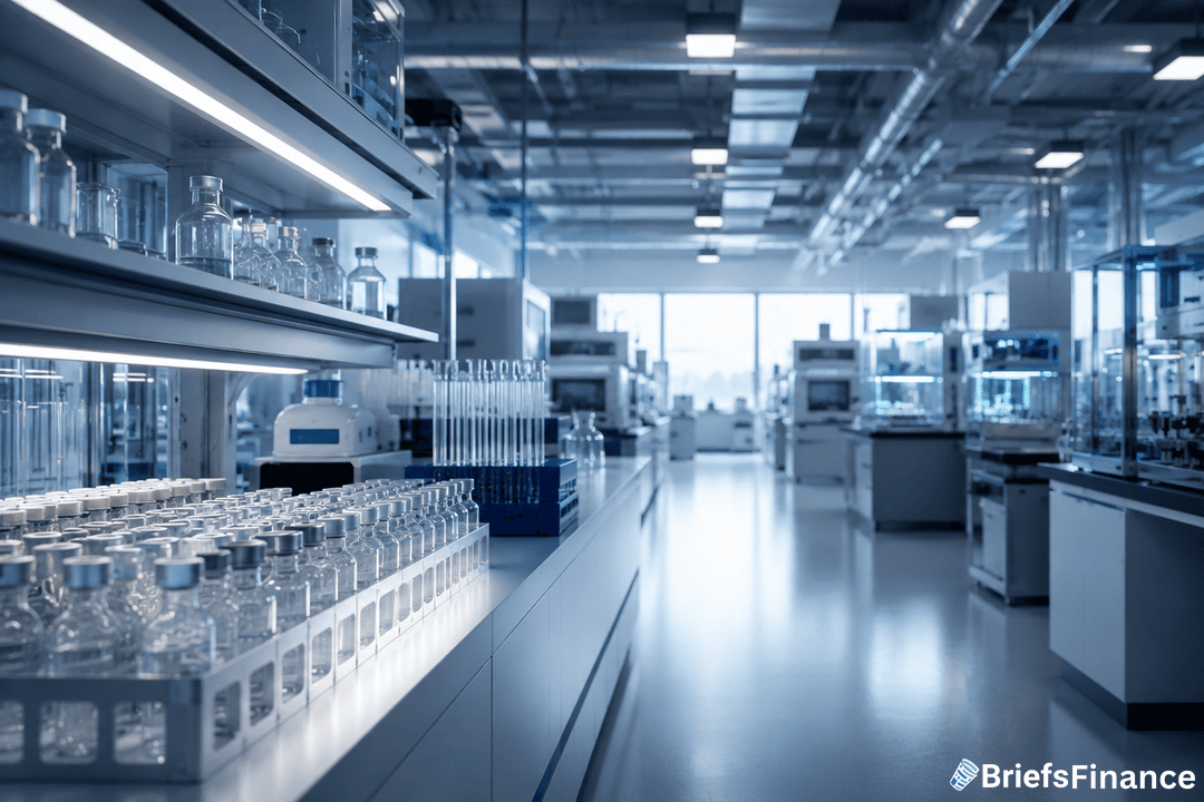 Modern pharmaceutical laboratory with rows of glass vials under blue-white light