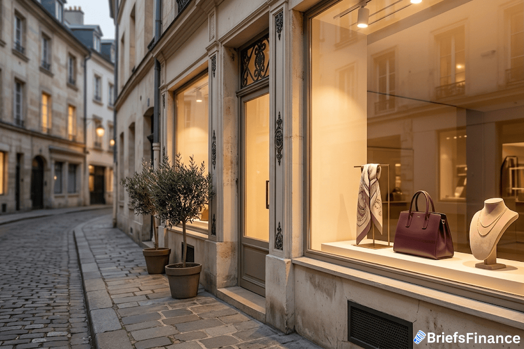Luxury boutique storefront window lit at dusk on a European cobblestone street