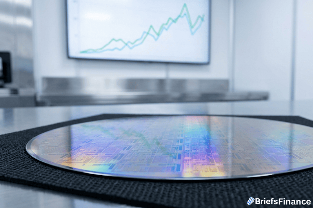 Darkened trading operations room with a curved wall of volatile red and green charts
