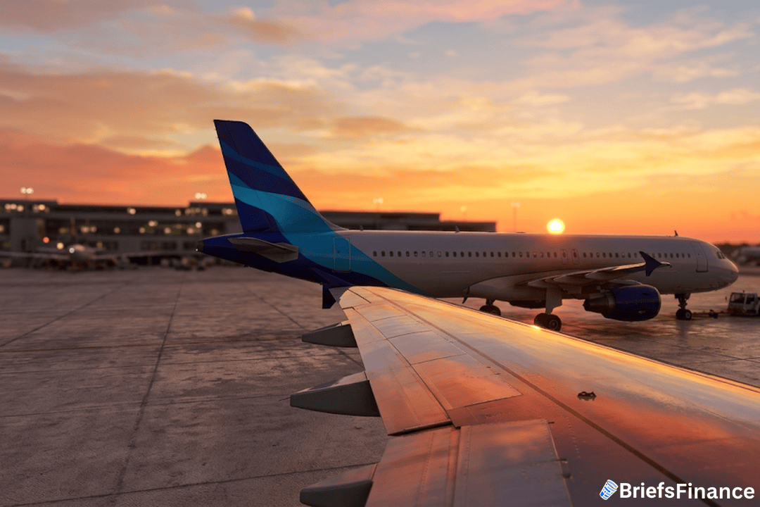Commercial passenger airplane on a tarmac at golden hour