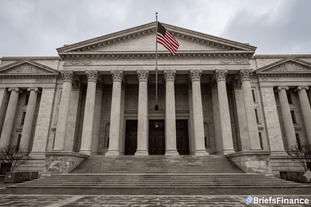 Marble courthouse exterior with columns and an American flag