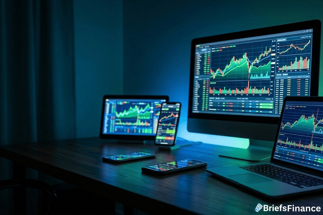Dimly lit desk with multiple screens showing trading and odds charts