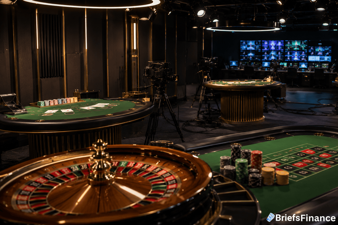 Empty high-end live casino broadcast studio with roulette and blackjack tables