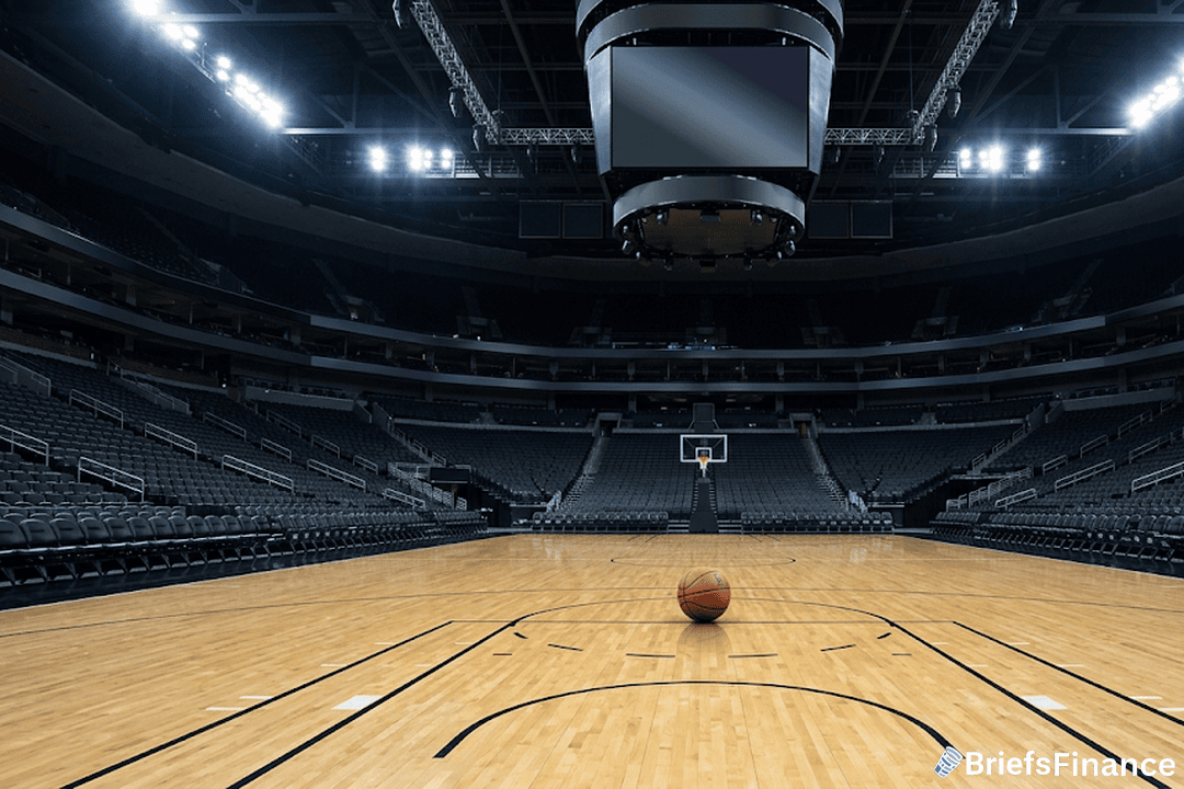 Empty NBA arena, ball at center