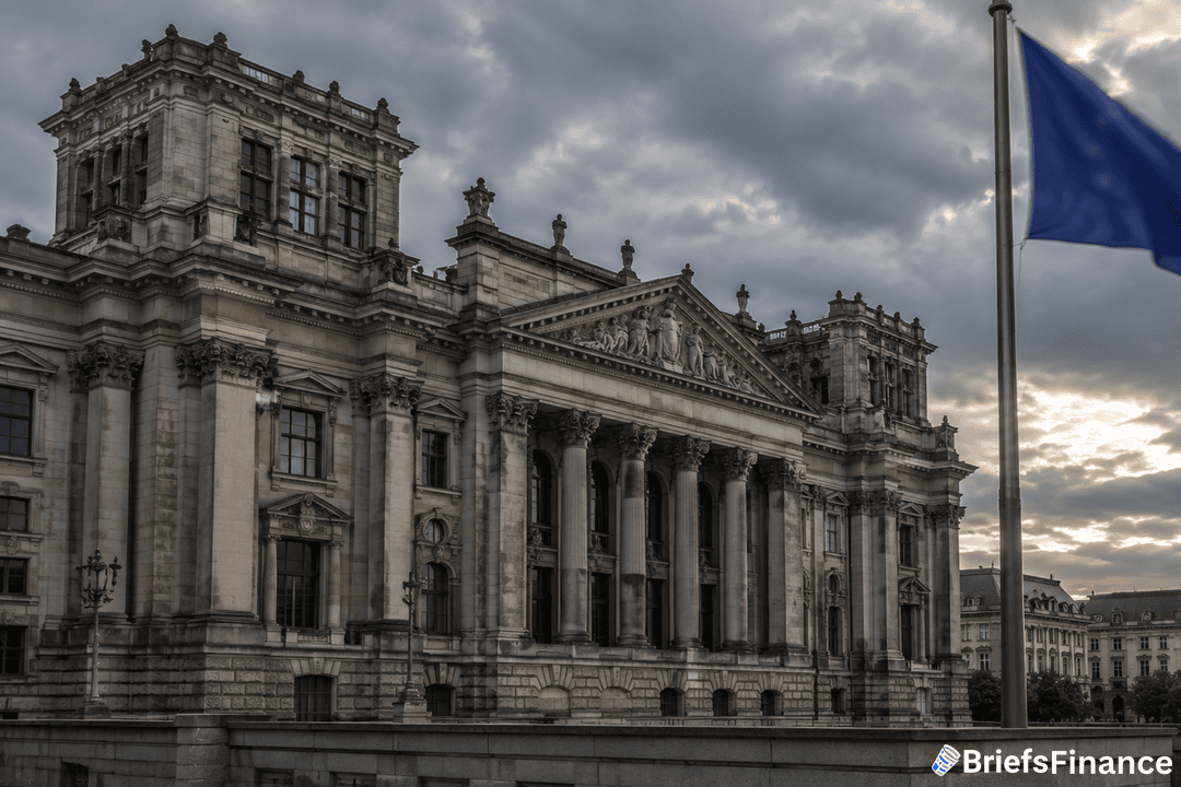 Grand neoclassical European government building with an EU flag under cloudy sky