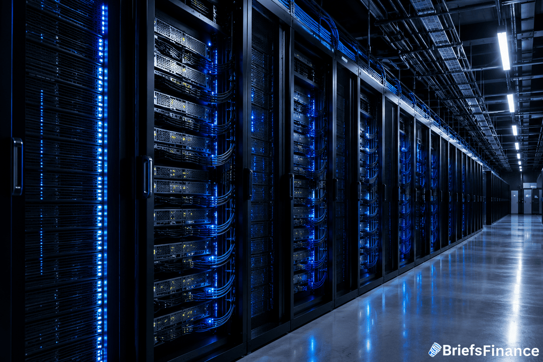 Modern data center aisle with GPU racks glowing blue