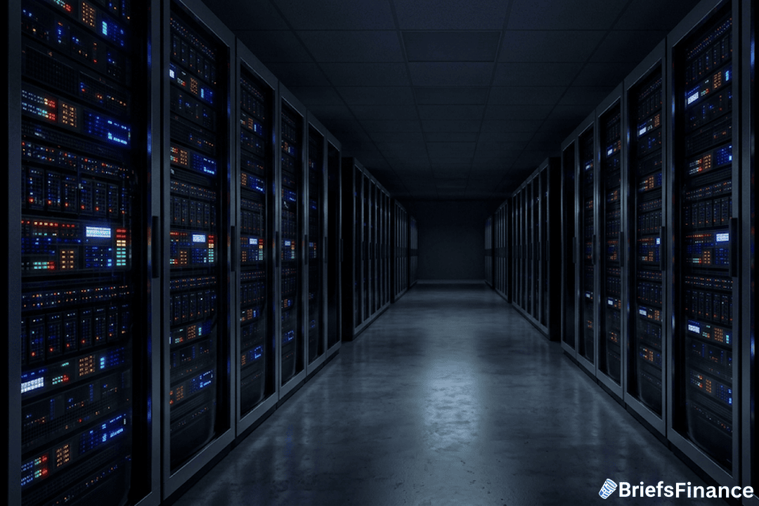 Dark data center corridor lined with server racks and blinking indicator lights