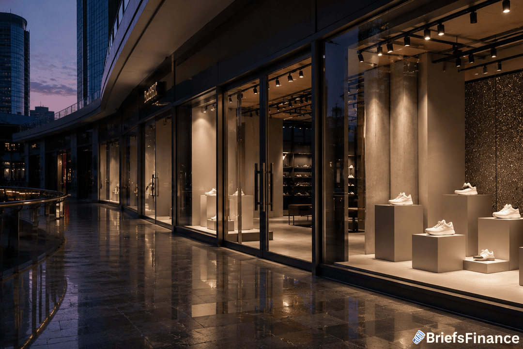 Upscale shopping mall storefront at dusk with empty shoe pedestals