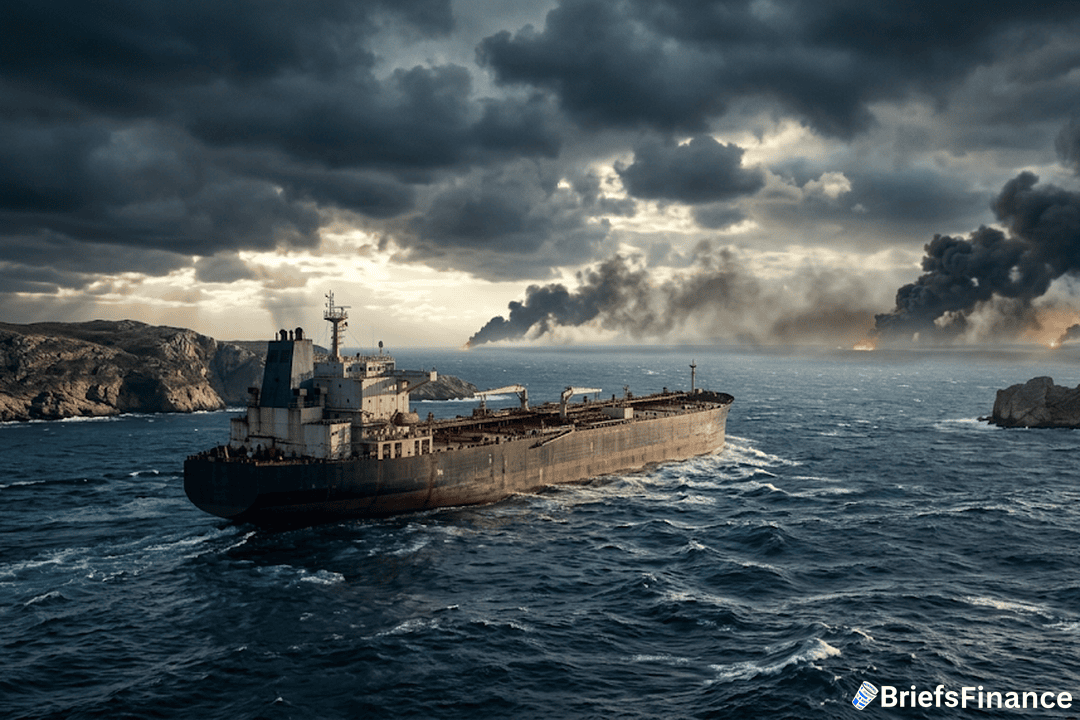 Tanker at sea, smoke, stormy sky