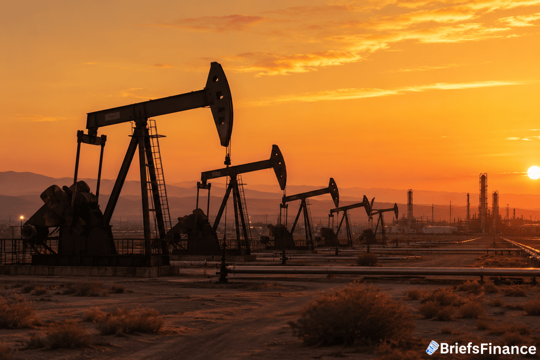 Desert oil field at sunrise with pumpjacks silhouetted against an orange sky