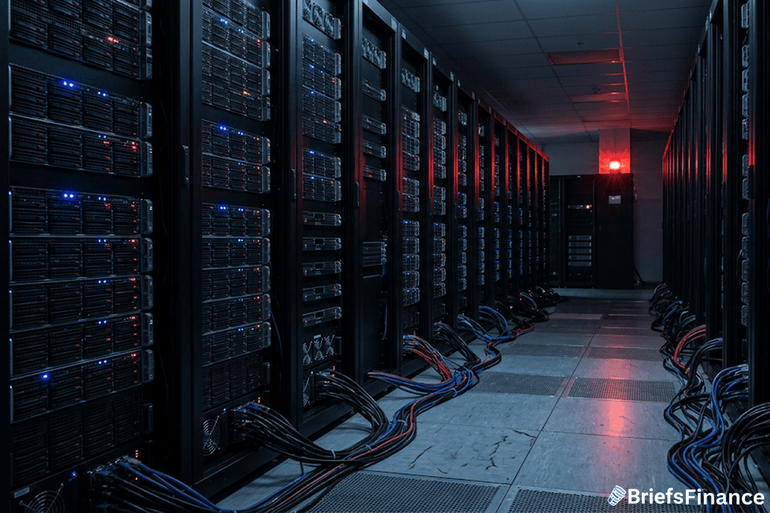 Dark server room, red warning light