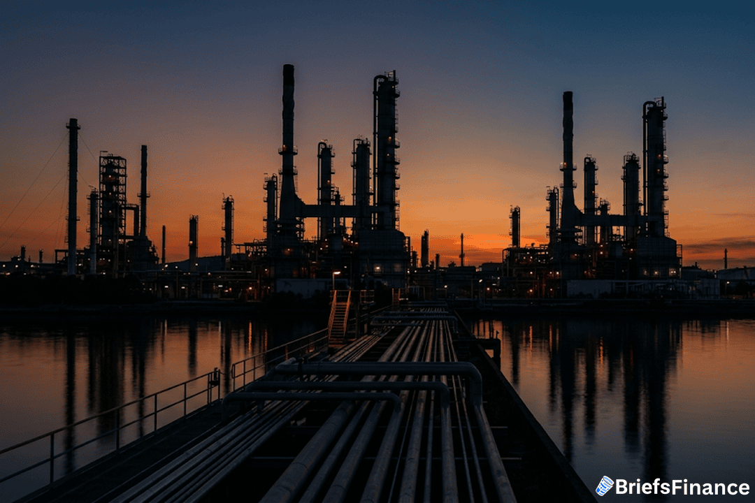 Oil refinery at dusk, orange sky