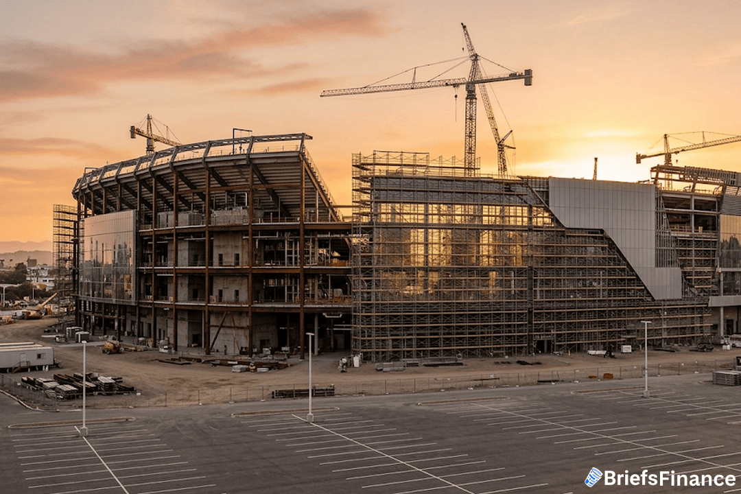Stadium under construction, cranes