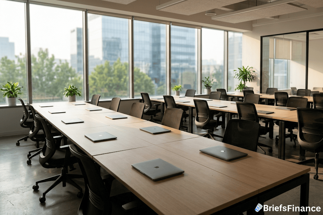 Empty office desks, closed laptops