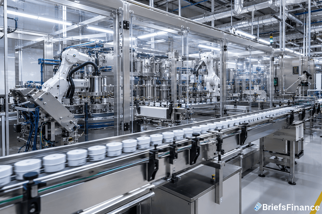 Modern manufacturing line filling small white cylindrical nicotine pouch canisters