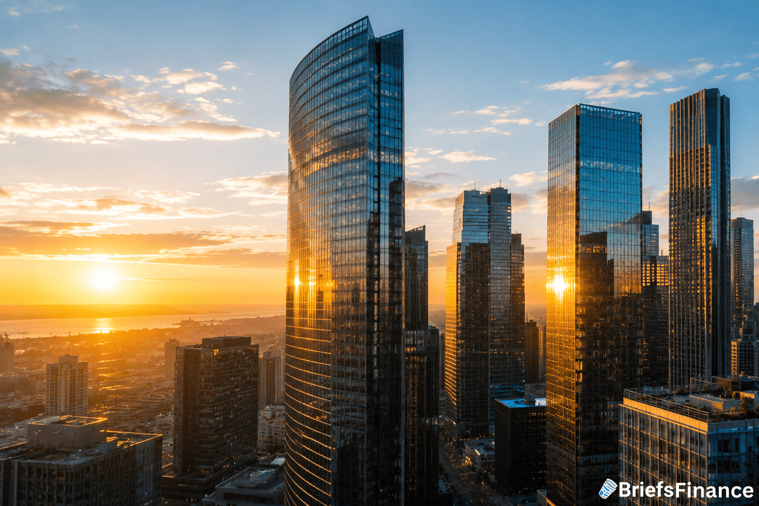 Financial district skyline at sunrise with glass towers reflecting golden light