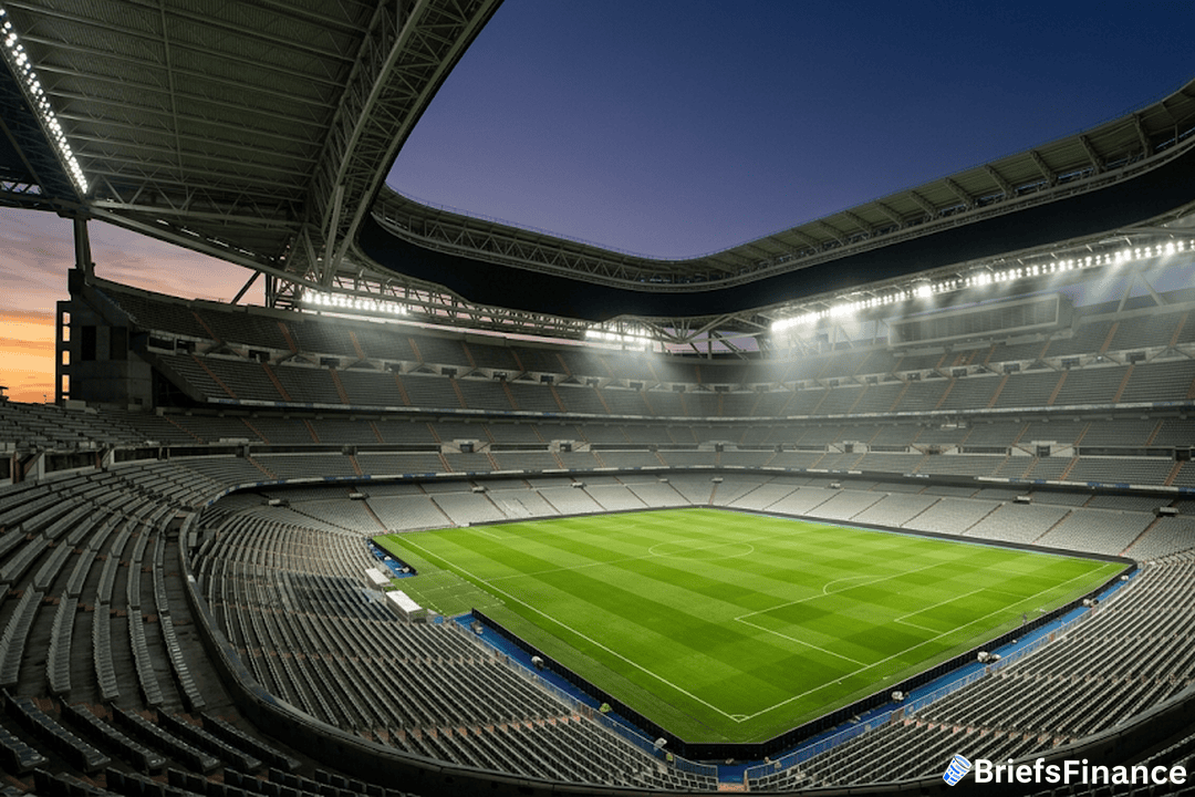 Empty football stadium at twilight under blazing floodlights