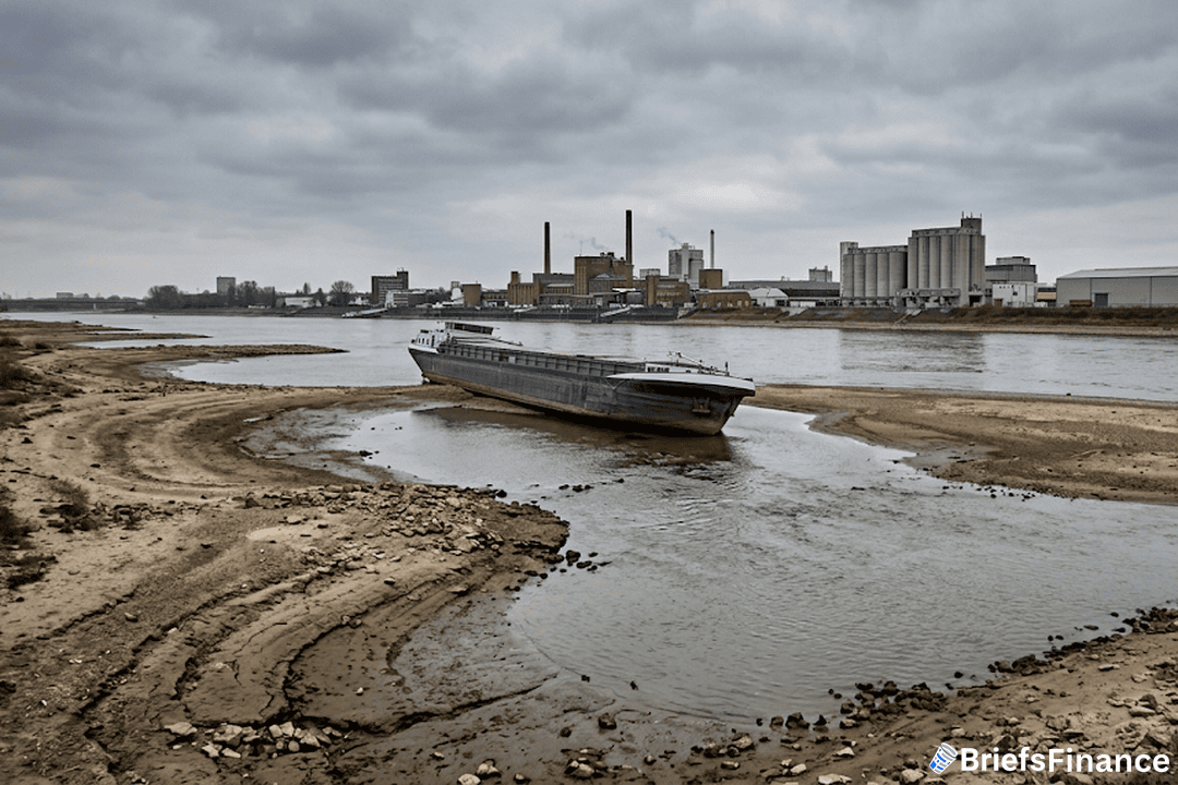 Barge grounded in a shallow river with exposed sandy banks and industry beyond