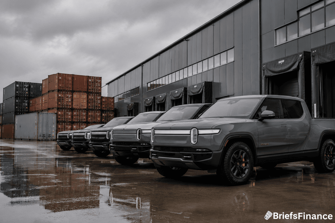 Rivian pickups at loading dock