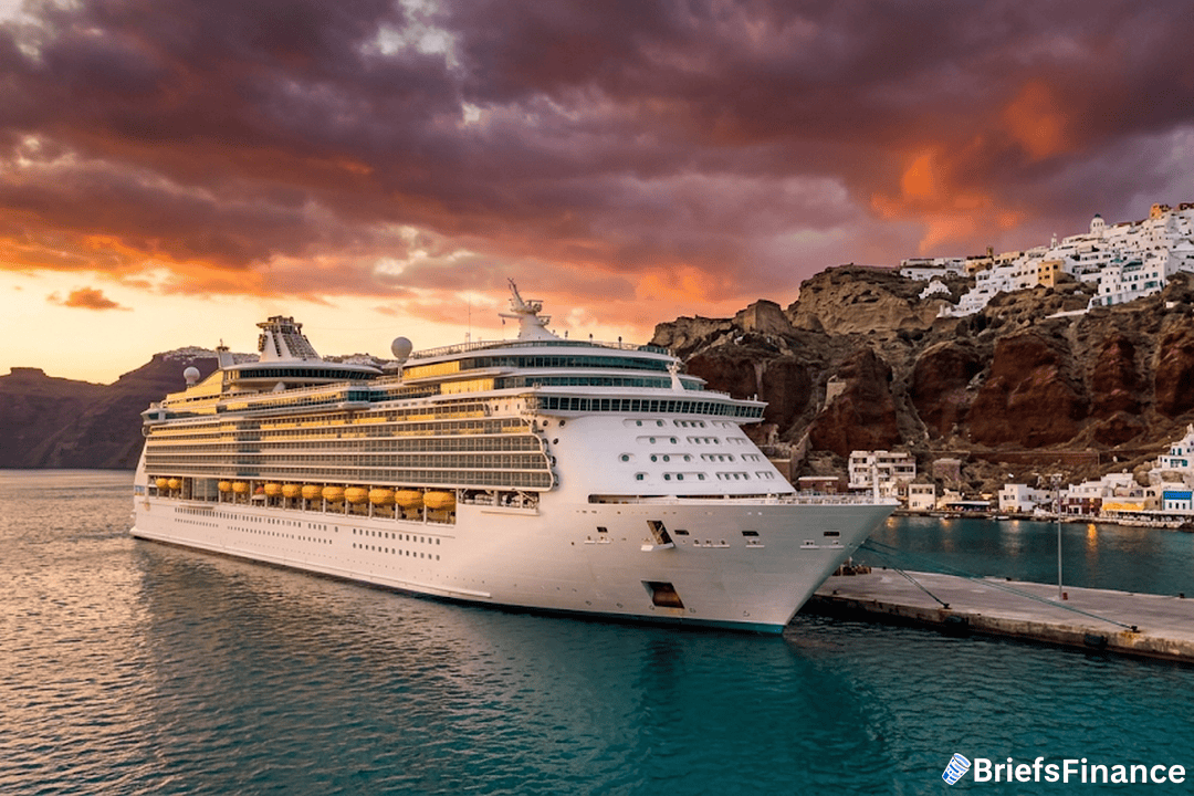 White cruise ship docked in a Mediterranean port at sunset