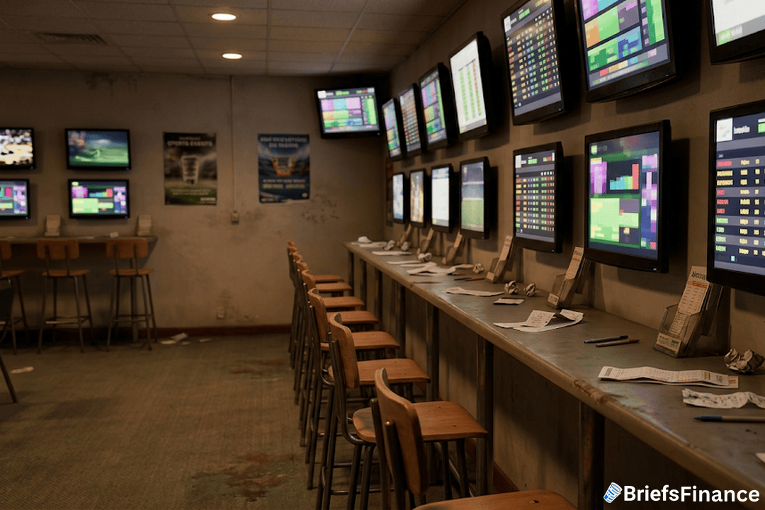 Dimly lit betting shop interior with wall-mounted odds screens