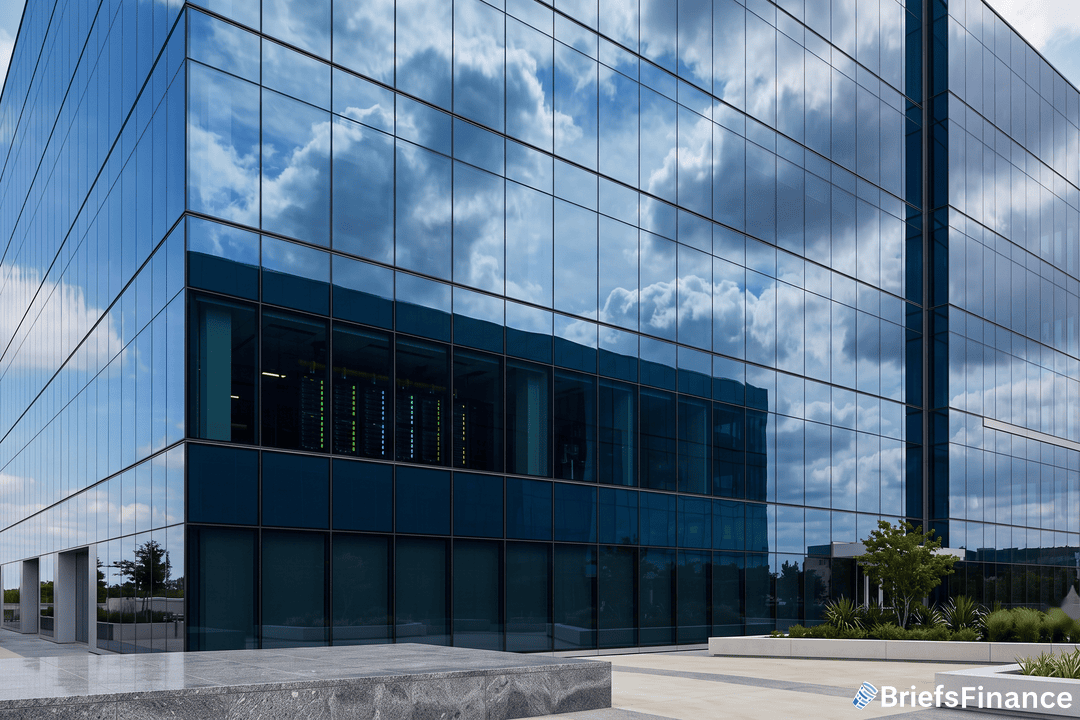 Corporate glass office facade reflecting clouds