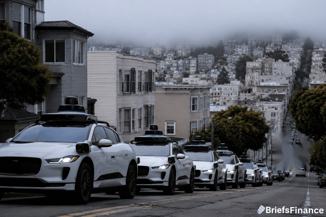 Autonomous vehicles on a foggy San Francisco street