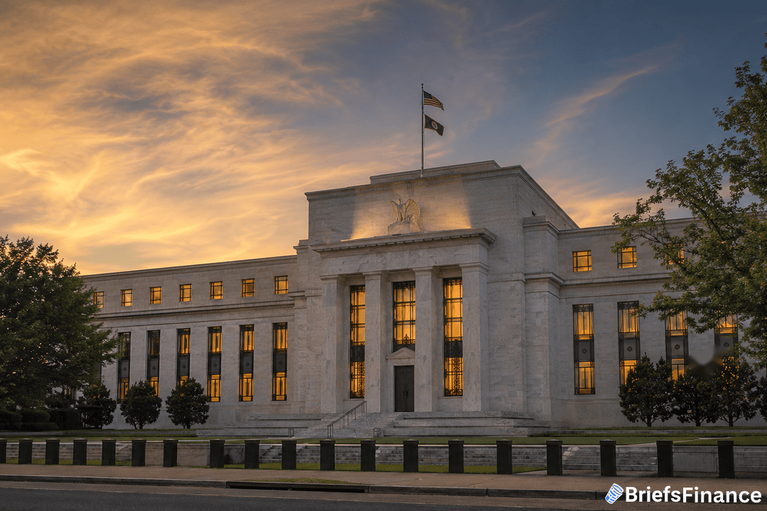 Federal Reserve building exterior at dusk
