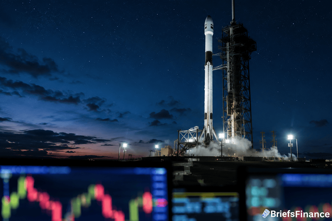 Falcon 9 rocket on a launch pad at dusk with trading monitors in the foreground