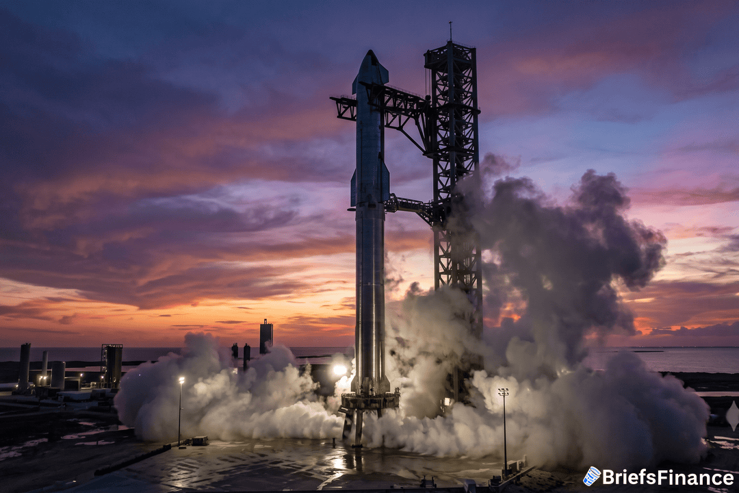 Silver rocket on a launch pad at twilight