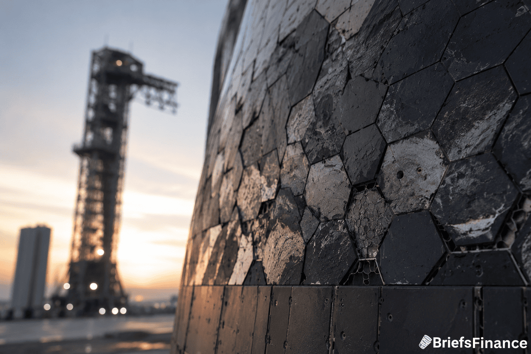 Close-up of scorched hexagonal spacecraft heat shield tiles