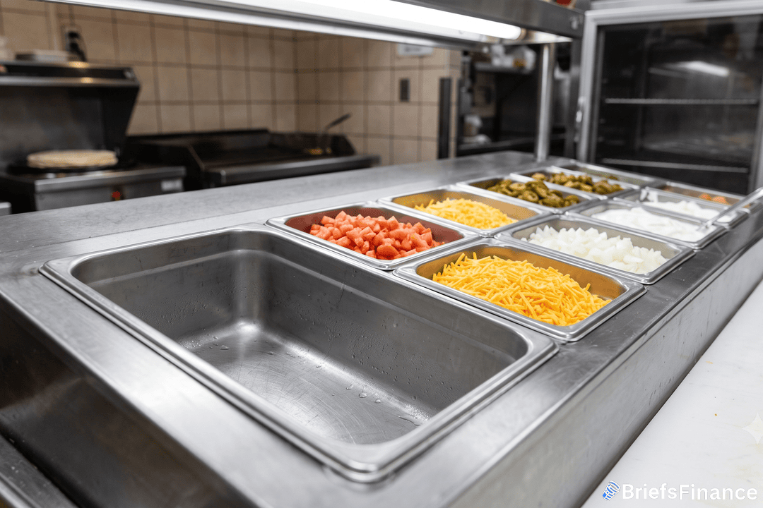Stainless steel fast food prep station with empty lettuce bin