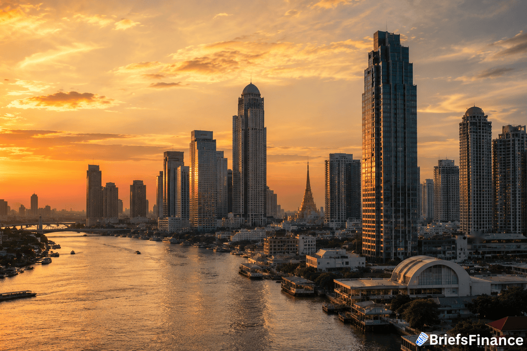 Bangkok skyline at golden hour along the river