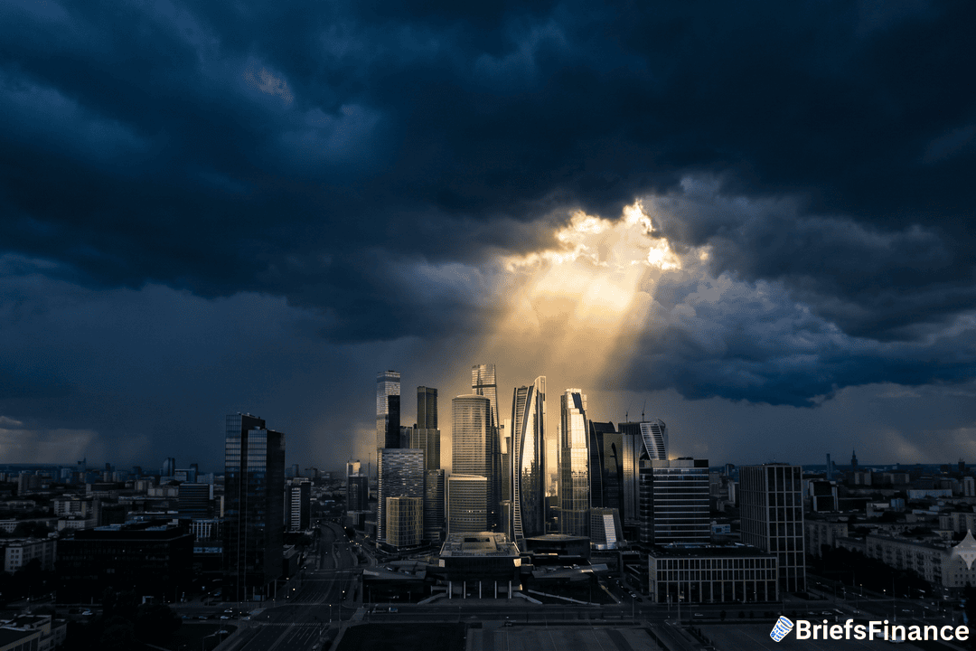 Stormy sky over a financial district skyline